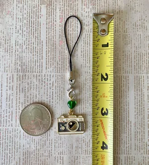 Handmade Kawaii funky retro camera & Czech glass heart phone charm/keychain/bag accessory/car display💚📸🍃🌀 thumbnail 4