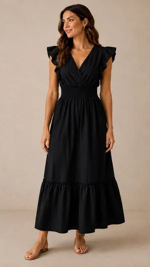 Molly Bracken Black Cotton Ruffle Maxi Dress Smocked Waist V-Neck‎ Size M thumbnail 1