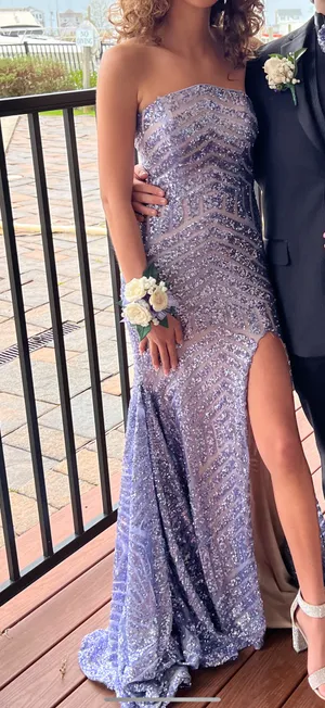 Jovani Chevron Sequin Strapless High Slit Gown thumbnail 6