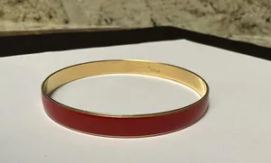 Vintage Crown Trifari Red enamel Gold Tone Bangle Bracelet Signed 8 Inch thumbnail 3