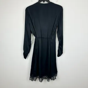 Anthropologie Lace Trimmed Wrap Dress Viscose Satin Long Sleeve Black XS NWT thumbnail 16