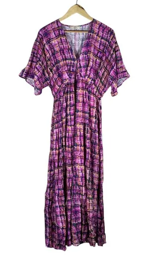 Entro Abstract Plaid Tiered Maxi Dress Purple Boho Flutter Sleeve Size S thumbnail 1