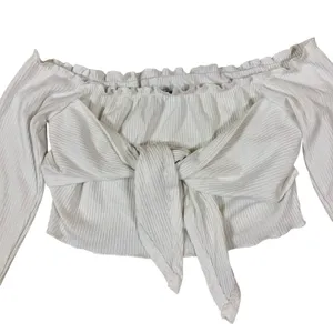 Runaway The Label White Off Shoulder Long Sleeve Ribbed Tie Front Crop Top‎ Boho Medium thumbnail 2