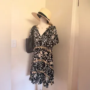 Anthropologie Black Floral Mini Dress with Beige Trim thumbnail 9