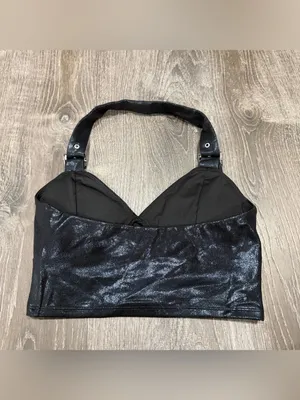 NWOT Halara Shiny Dusty Black SoftlyZero Faux Leather Halter Cropped Tank Top thumbnail 4