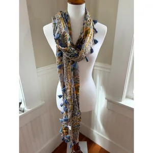 Natural Life Floral Tassel Scarf Lightweight Rayon Gauze Wrap Multi Blue NWT OS thumbnail 2