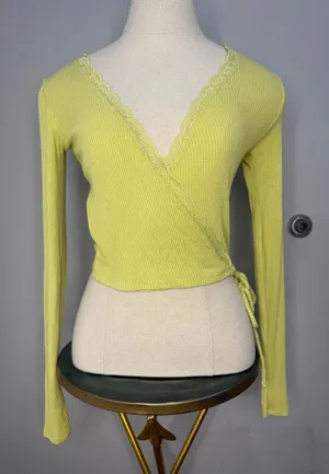 Urban Outfitters Lime Green Ribbed Lace-Trim Wrap Sweater thumbnail 1