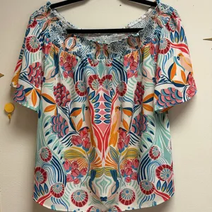 Flying Tomato Floral Bird Blouse L Multicolor Off Shoulder Boho Smocked Bold Top thumbnail 9