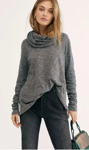 Free People Beach Cocoon Cowl Neck Pullover Top Gray Slouchy Cozycove Boho M/L thumbnail 1