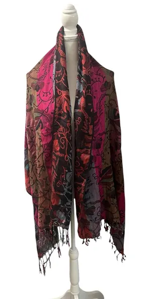 World Market Dark Floral Shawl Scarf Fringe Neck Warmer thumbnail 1