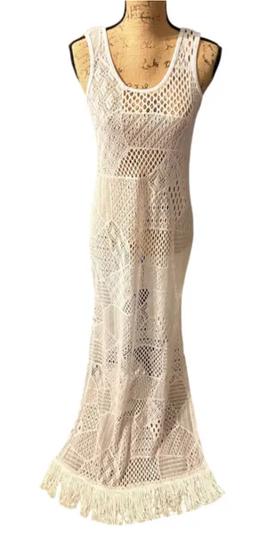 Crochet Bohemian Coverup Maxi Dress White PTP 16” thumbnail 1