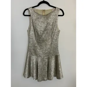 NWT Alice+ Olivia $440 Lora Drop Waist Skater Dress Size M‎ Silver Metallic thumbnail 3