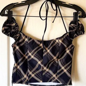 I.AM.GIA Carmel Top Black Check Plaid Halter-Tie Puff Sleeve XS‎ EUC thumbnail 5