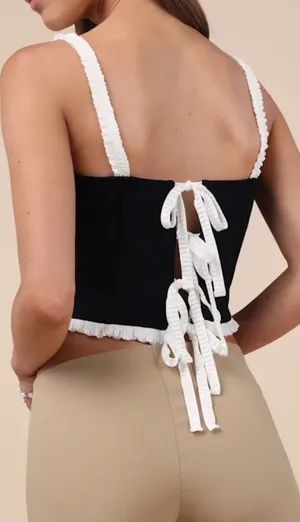 Lulu’s Coquette Charisma Black and White Ruffled Tie-Back Crop Top thumbnail 6