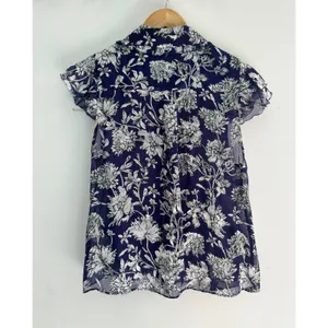 Alice + Olivia Layered Ruffle Sleeve Shirt Blouse Navy Blue Floral Silk Small thumbnail 3