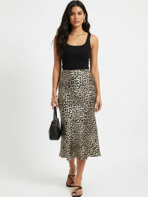 ALYA Black & Tan Animal Print Satin Midi Skirt L thumbnail 5