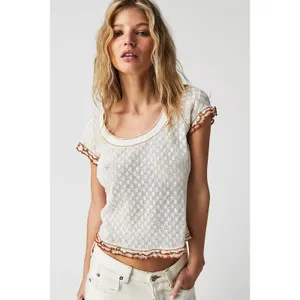 Free People White Garner Tee Pointelle Floral Lettuce Edge Trim Cotton Small thumbnail 2