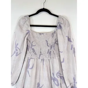 Aritzia Babaton Dress Gray Mini Floral Organic Linen Smocked Babydoll Boho Small thumbnail 6