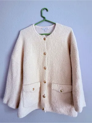 J. Crew 2025 Cream Gold Button Cinched Waist Sweater Jacket Knit Cardigan Sz L thumbnail 2