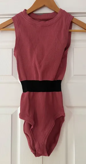 FP Movement Free People Ribbed Open Back Bodysuit‎ Pink Black XS S OB667944 thumbnail 1