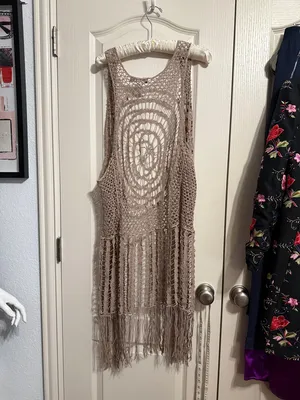 💖 Tan Sheer Open Knit Crochet Fringe‎ Duster Vest Boho Western Festival Hippie thumbnail 3
