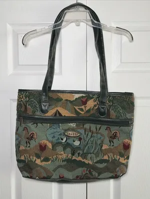 Jaguar Vintage Tapestry Tote Bag Womens OS Green Farm Scene Animal Woven Cotton thumbnail 1
