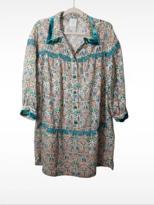 Anna Sui Boho Velvet Trim Printed Tunic Mini Dress - Long Sleeve Button Front L thumbnail 3
