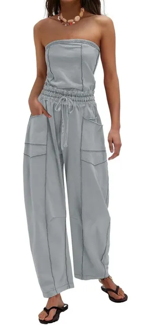 LAMISSCHE Romper‎ Gray Strapless Wide Leg Jumpsuit Casual Sleeveless Pockets thumbnail 1