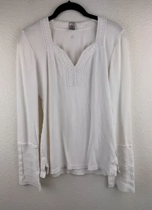 Prana White‎ Knit Crochet Trim V-Neck Long Sleeve Casual Top Womens XL Hiking thumbnail 1