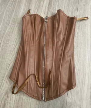 Faux Leather Brown Corset Top with Front Zip Tan thumbnail 1