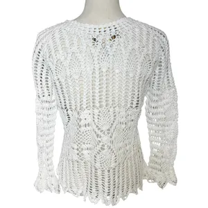 White Crochet Knit Sweater Top Long Sleeve Size S Boho Coquette boho coastal thumbnail 3