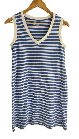 Pact Organic Cotton V-Neck Sleeveless Mini Dress Blue White Striped Womens Small thumbnail 1