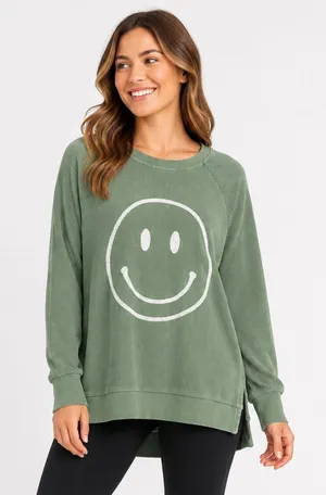 Altar’d State Green Ribbed Smiley Face Oversized Pullover S thumbnail 1