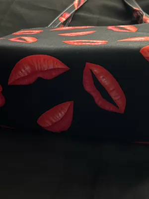 Black Molded Tote Shoulder Hand Bag with Red Lip & Rhinestone Print thumbnail 13