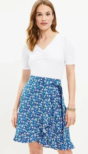 Loft Ann Taylor‎ Floral Ruffle Linen Blend Wrap Skirt Blue Calico Back Zip Sz 14 thumbnail 1