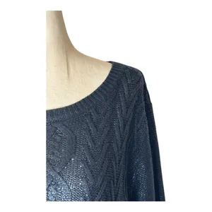 Club Monaco Sweater Women Medium Navy Blue Metallic‎ Cable Knit Pullover Preppy thumbnail 5