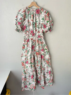 Anthropologie Floral Peony Puff Sleeve Cottagecore Fairy Dress White Pink XS thumbnail 4