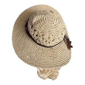 Sun n Sand Crochet Crown Wide Brim Straw Hat with Beads thumbnail 3
