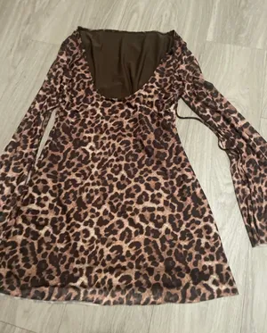 Leopard Print Long Sleeve Mini Dress - Brown/Tan thumbnail 1