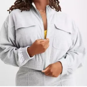 NWT Aerie Groove-On Velour Cropped Full Zip Ribbed Sweatshirt Jacket XS Grey thumbnail 2