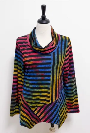 Feratelli Ombre Rainbow Stripe Cowl Neck Asymmetrical Hem Wearable Art Tunic L thumbnail 1