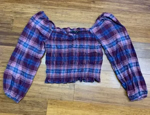 Love Tree Smocked Plaid Square Neck Long‎ Sleeve Crop Top Women's Size Medium thumbnail 1