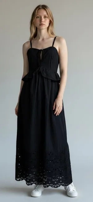 Caroline Constas Black‎ Cotton Eyelet Peplum Maxi Dress Small Smocked Back 53in thumbnail 1
