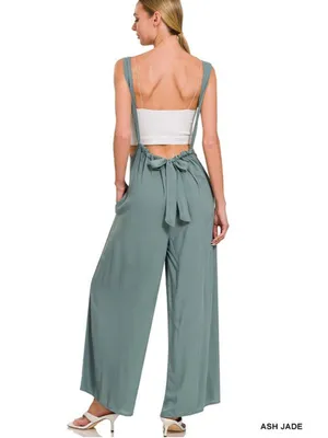 Zenana Woven Tie-Back Suspender Wide-leg Jumpsuit Size S Ash Mocha NIB thumbnail 6