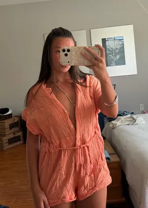 UO Out From Under peach crinkle gauze button-down romper thumbnail 1