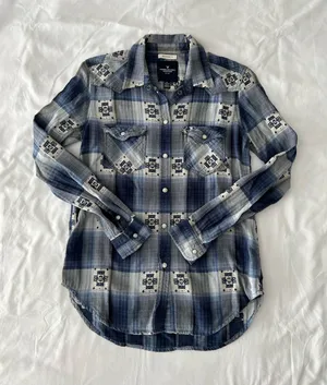 American Eagle Blue And White Boyfriend Fit Flannel With Crochet Detail thumbnail 1