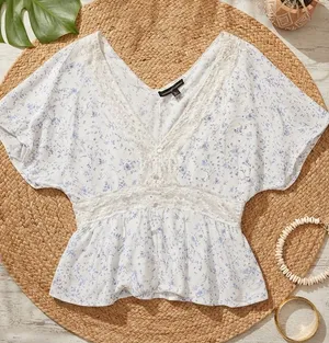 ALMOST FAMOUS Cottagecore Floral Flutter Sleeve Lace Crochet Empire Waist Blouse thumbnail 1