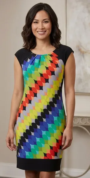 Cap-Sleeve Geo Print Sheath Dress in Multicolor thumbnail 1