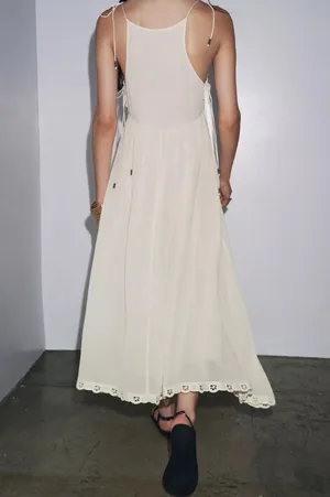Zara Elegant White Lace Trim Dress beads cream boho hippie summer beach thumbnail 10