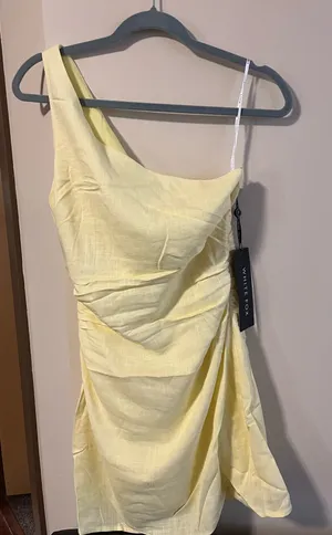 White Fox Boutique lemon yellow one shoulder dress thumbnail 1